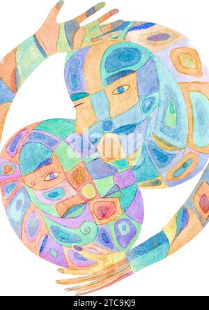 Abstrakter Aquarellsymbolismus mehrfarbiger Hintergrund. Handgezeichnetes Muster mit ruhigen Farbflecken. Aquarellabstraktion. Mann, Frau, Yin und Yang Harmonie. Stockfoto