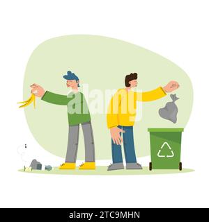 Menschen werfen Müll auf die richtige und falsche Weise weg. Papierkorb wird sortiert. Sorge für die Umwelt oder Missachtung. Nachhaltiger Lebensstil. Retten Sie den Planeten. Stock Vektor