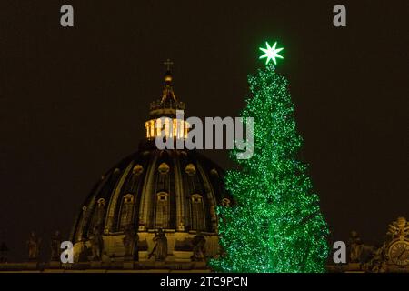 Rom, Italien. Dezember 2023. Detail des Weihnachtsbaums mit St. Peter's Dome in Rom (Foto: Matteo Nardone/Pacific Press) Credit: Pacific Press Media Production Corp./Alamy Live News Stockfoto