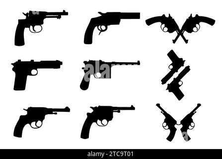 Vintage Guns. Retro klassische Handfeuerwaffen Illustration. Alte Pistolen und Revolver Silhouetten isoliert auf weiß. Stock Vektor