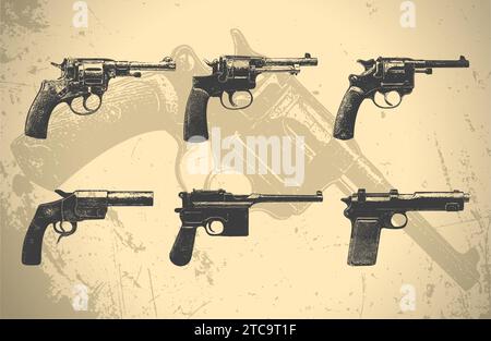 Klassisches Retro-Handfeuerwaffen-Set. Vintage-Drowing-Pistolen. Alte Pistolen und Revolver. Westlicher Stil. Isolierte Vektordarstellung. Stock Vektor