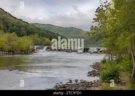 Eine malerische Landschaft mit einem sich windenden Fluss, der sich entlang eines üppigen, grünen Hügels schlängelt und mit einer Vielzahl von Bäumen geschmückt ist Stockfoto