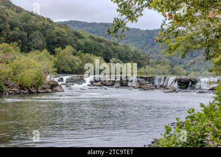 Eine malerische aussicht auf einen Fluss, der von dichtem Laub umgeben ist, mit einem Wasserfall, der durch das Zentrum stürzt Stockfoto