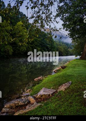 Eine ruhige Landschaft mit einem ruhigen Fluss, der sich durch eine üppige, bewaldete Gegend schlängelt Stockfoto