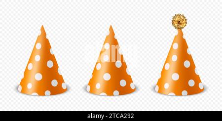 Vector 3D Realistic Birthday Party hat in Orange und Weiß – Icon-Set isoliert auf weißem Hintergrund. Designvorlage für Party Cap für Party-Banner, Begrüßung Stock Vektor