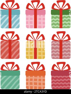 Set aus verschiedenen Geschenkboxen. Farbenfrohe Geschenkboxen mit Schleifen und Bändern. Flaches Design. Vektorabbildung. Stock Vektor