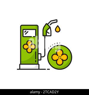 Symbol für Rapssamen, Rapsöl-Tankstelle. Lineare grafische Darstellung der isolierten Vektoren mit Kraftstoffpumpe oder Düsenpistole, die erneuerbare und umweltfreundliche Biodieselproduktion und -Verwendung symbolisiert Stock Vektor