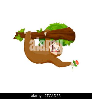Comic lustige Faultier-Figur, die an einem Baumzweig hängt, mit einer Blume in der Hand. Isolierter Vektor fröhliches tropisches Tier mit großem Grinsen, faul und dennoch liebenswert, strahlend positiv. Kinder buchen oder Spielfigur Stock Vektor