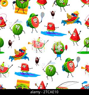 Zeichentrickfiguren mit Wassermelonen, nahtloses Muster. Geschenkpapiermuster, Tapetenvektor nahtloser Hintergrund oder Textildruck mit Surfen, Sonnenbaden und Tennis fröhliche Wassermelonenfiguren spielen Stock Vektor