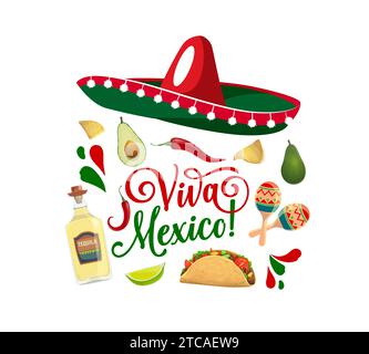 Viva mexico Banner mit Sombrero und Tex Mex Essen. Mexikanischer Nationalfeiertag, Partydruck oder Banner mit Avocado, Taco, Tequila und Chili, Maracas und handgeschriebener Typografie Stock Vektor