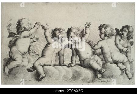 Wenzel Hollar - drei Engelchen und zwei Jungen auf Wolken (Bundesstaat 1). Stockfoto