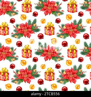 Aquarellillustration eines Weihnachtskranzmusters mit Weihnachtsstern, Tannenzweigen, Glockenblumen und Zweigen mit roten Beeren. Isolierte Zusammensetzung für Stockfoto