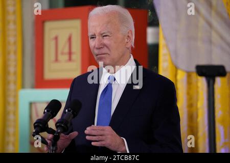 Washington, Usa. Dezember 2023. Präsident Joe Biden spricht bei einem Empfang in Hanukka im East Room des Weißen Hauses in Washington, DC, USA, Montag, 11. Dezember. 2023. Foto: Jacquelyn Martin/Pool/ABACAPRESS.COM Credit: abaca Press/Alamy Live News Stockfoto