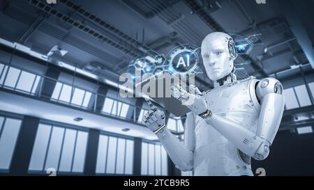 Automatisierungswerkkonzept mit 3D-Rendering Ai-Roboterarbeit in der Fabrik Stockfoto