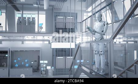 Automatisierungswerkkonzept mit 3D-Rendering Ai-Roboterarbeit in der Fabrik Stockfoto