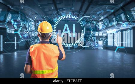 Arbeiter oder Ingenieur arbeiten mit Ai mit Grafikdisplay im Werk Stockfoto