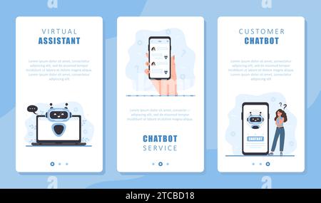 Chatbot-Service-Set. Mobile Hintergründe. Frau, die mit dem Roboter spricht. KI-Assistent. Online-Kundensupport. Künstliche Intelligenz. Vektorabbildung Stock Vektor