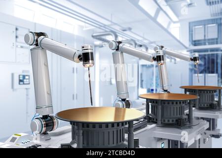 Halbleiterherstellung mit Roboterarmen und Silizium-Wafern für 3D-Rendering Stockfoto