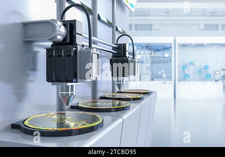 Halbleiterherstellung mit Roboterarmen und Silizium-Wafern für 3D-Rendering Stockfoto