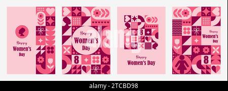 Internationale Tageskarten für Damen. Set aus modernen geometrischen Hintergründen für den 8. märz. Abstraktes Muster mit roten Formen. Vektorillustration in Trendy Stock Vektor