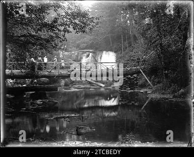 Whatcom Falls and Log Bridge, Bellingham, Washington, 1902 (KIEHL 311). Stockfoto