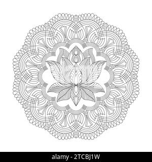 Ornamentale Lotus-Mandala-Malbuchseite für KDP-Buchinnenraum. Friedliche Blütenblätter, Fähigkeit zum Entspannen, Gehirnerlebnisse, harmonischer Hafen, friedlicher Po Stock Vektor