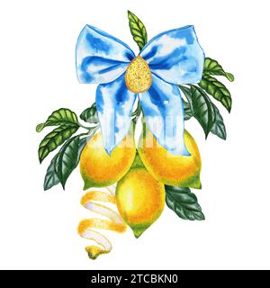 Zweig mit Zitronen, gebunden mit einer blauen Schleife Aquarellabbildung. Handgezeichnete Zweige mit gelben Zitrusfrüchten, die mit einem Verband verziert sind. Italienischer Stil Stockfoto