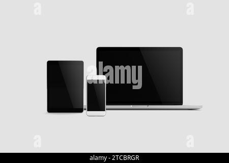 Geräte mit leerem Bildschirmschoner, isoliert auf grauem Hintergrund, 3D-Rendering Stockfoto