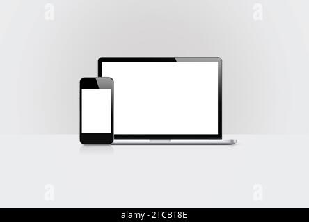 Reaktionsschnelles Set mit leerem Bildschirmschoner, isoliert auf grauem Hintergrund, 3D-Rendering Stockfoto