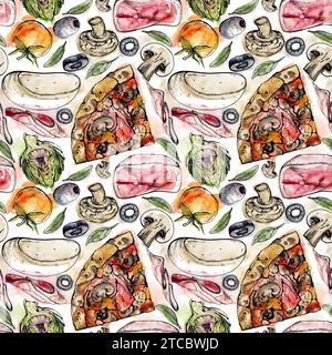 Handgezeichnete Aquarelltinte Illustration. Capricciosa-Pizzascheibe mit Belägen, italienische Küche. Nahtloses Muster isoliert auf weiß. Design Stockfoto