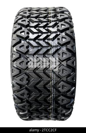 Fette schwarze lederfarbene Geländereifen mit glänzenden Griffen, geeignet für das Fahren über Felsen Felsbrocken Sand Schmutz Schnee Schlamm und unebene Oberflächen Stockfoto