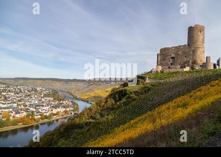 Malerischer Blick auf Burg Landshut in Bernkastel-Kues an der Mosel im Herbst mit bunten Weinberge Stockfoto