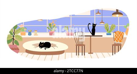 Haustierkatzen und Hunde in der Wohnung. Glückliche Haustiere flache Vektorillustration. Innenraum. Freundschaft, Liebe zum Haustier Konzept für Banner, Website-Design oder Landing-Webseite Stock Vektor