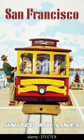 Oldtimer-Reiseplakat - United Airlines San Francisco Werbeplakat (United Airlines, Anfang 1960) Kabelauto Stockfoto