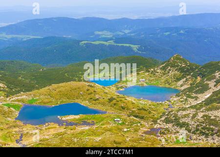Die sieben Rila-Seen im Nationalpark Rila, Bulgarien, Panorama-Luftaufnahme Stockfoto