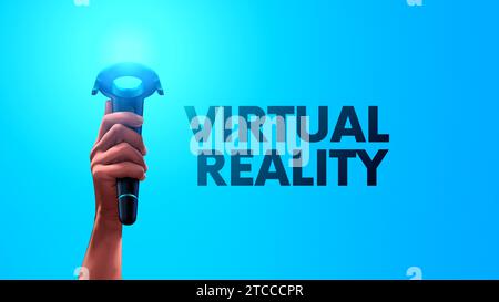 VR-Controller in der Hand. Der 3D-Videospieler hält es in der Hand, Virtual-Reality-Gamepad. Die Hand mit dem Virtual-Reality-Gamepad wird hoch oben angehoben. VR-Joystick c Stock Vektor