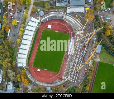 Luftaufnahme, Lohrheidestadion Fußball- und Leichtathletikstadion der SG Wattenscheid 09, Baustelle mit neuer Westtribüne, Leithe, Bochum, Ruhr AR Stockfoto