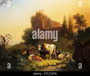 Wilhelm Melchior - Kühe und Schafe auf der Weide vor einer Ruine 1850. Stockfoto