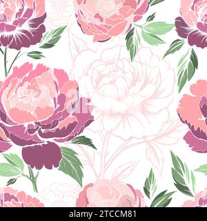 Blumenmuster. Nahtloses Pfingstrosen-Muster. 90er-Jahre-STYLE. Handzeichnung. Nicht AI, Vektorillustration Stock Vektor