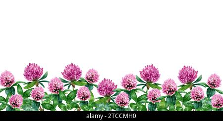Banner, Rand mit rotem Kleeblatt. Aquarellabbildung isoliert auf weiß. Für Clipart-Karten Label-Paket-Einladung Stockfoto