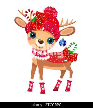 Ein kleiner niedlicher Cartoon-Hirsch mit roter Strickmütze und Weihnachtskugeln, Schleifen und Süßigkeiten. Stock Vektor