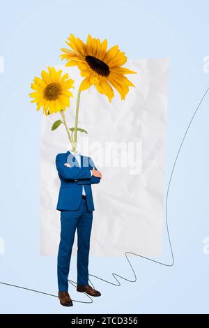 Collage-Bild-Grußkarte von gesichtslos schönen netten Mann mit Blumen statt Kopf isoliert auf kreativem Hintergrund Stockfoto