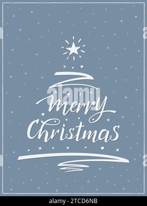 Frohe Weihnachtsgrußkarte mit Handschrift, moderne Pinselkalligraphie. Ein Weihnachtsbaum besteht aus Text, Stiftstrich, Stern und Dekorationen. Stock Vektor
