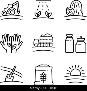 Satz von Symbolen für landwirtschaftliche und landwirtschaftliche Linien. Vector Farmers Market Icons. Symbol-Kollektion für moderne Landwirtschaft. Das Piktogramm illustrat des ökologischen Landbaus Stock Vektor