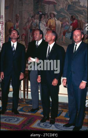 Madrid, 7.10.1969. Die amerikanischen Astronauten Neil Armstrong, Eldwin Aldrin und Michael Collins, Crew-Mitglieder der Mission Apollo XI, die als erste einen Mann auf dem Mond landen, bei einem Empfang im Königlichen Palast von Madrid. Quelle: Album / Archivo ABC / Jaime Pato Stockfoto