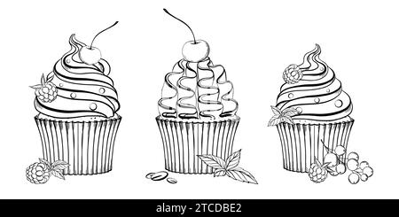 Set Cupcakes mit Beeren, Creme und Minzblättern. Vektorabbildung. Grapgischer STYLE. Handgezeichnet in einem einfachen minimalistischen Stil. Kann für verwendet werden Stock Vektor