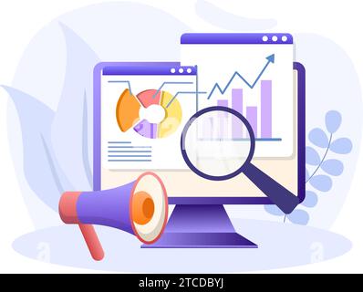 Illustration der Marktanalyse. Flache Vektorkonstruktion statistische und Datenanalyse für Business Finance Investment Konzept mit Monitor Graph Dashboard Stock Vektor