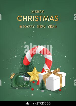 Happy New Year Hintergrund. Transparente bonbons weihnachten mit Kugeln und Geschenkbox mit Schnee auf grünem Hintergrund, realistische 3D-Dekoration Stock Vektor