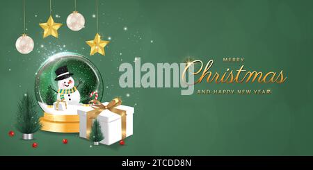 Happy New Year Hintergrund. Transparente weihnachtskugeln mit Stern und Geschenkbox mit Schnee auf grünem Hintergrund, realistische 3D-Dekoration Stock Vektor