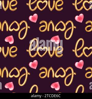 Goldener Text mit nahtlosem Muster, Wort Love, Ballon mit rosafarbener Herzfolie, Designelement für den Valentinstag. Handgezeichnete Aquarellillustration auf Dunkelheit Stockfoto